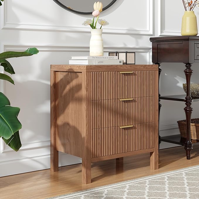 End Table with Storage, Wooden Farmhouse Nightstands with 3 Drawers, Bedside Table - Boho Tall Side Table Accent for Bedroom, Living Room, Walnut