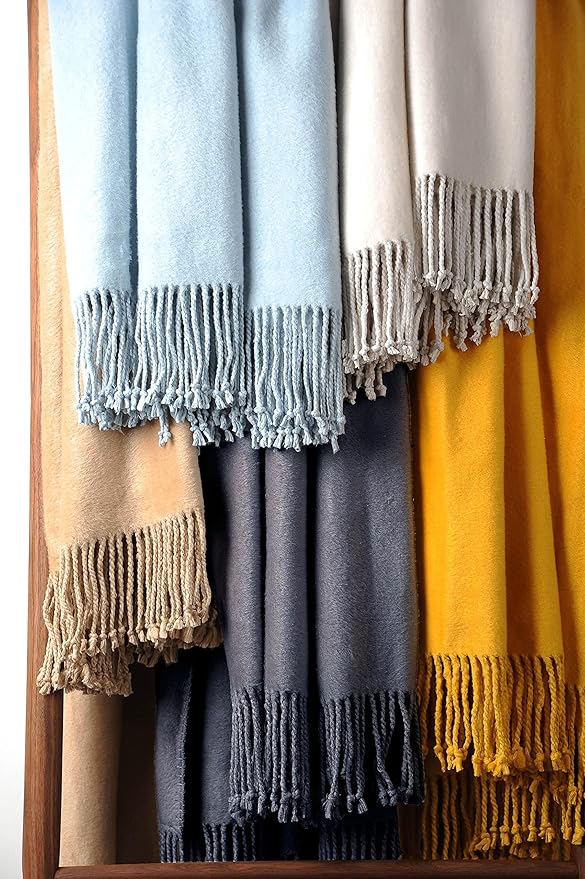 EP Mode Fringed Mulberry Silk Throw Blanket for Sofa (Baby Blue)