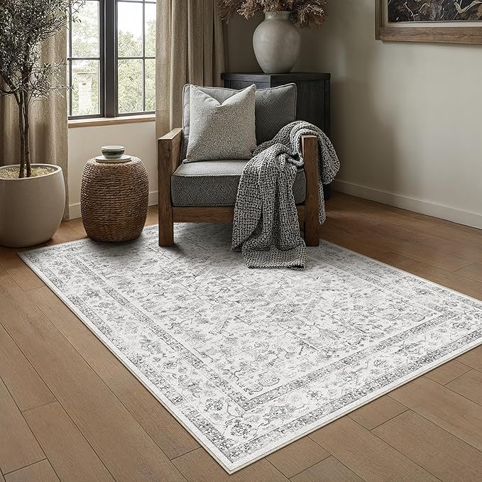 Grey 3x5 Entryway Rug Vintage Area Carpet Indoor Kitchen Washable Door Mat Entrance Small Low Pile Traditional Distressed Retro Accent Throw Rug Non Slip Office Bathroom