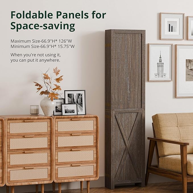 Cozy Castle Wood Room Divider, 8 Panels Folding Privacy Screen, 66.9'' Wall Divider, Barnwood Room Separator, Freestanding Partition, Temporary Wall for Decorative, Rustic Brown