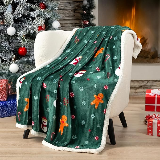 PAVILIA Green Christmas Sherpa Throw Blanket, Gingerbread Snowman Holiday Pattern, Soft Reversible Fleece & Sherpa 60x80 Winter Blanket for Couch & Bed, Cozy Christmas Decor