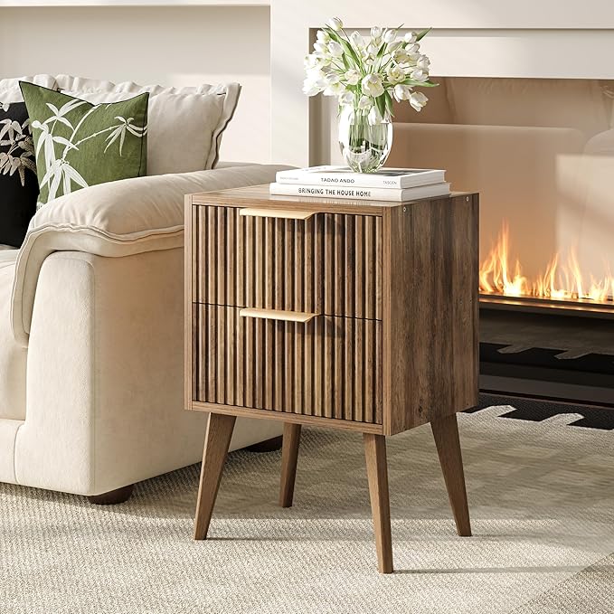 YAUKOMEL Mid Century Modern Nightstand,Small Bedside Table with 2 Drawers,Fluted Side Table,Walnut Brown End Table for Living Room,Bedroom,Small Space,Caramel Oak 11.8" D x 16" W x 22.4" H CTG55BR