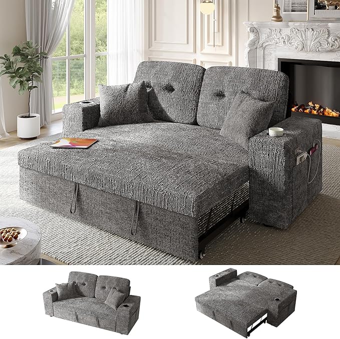 63 Inch Sleeper Sofa Bed, 4 in 1 Pull Out Couch Bed with Adjustable Backrest, Small Loveseat with Wide Armrest | USB Charging | Side Pockets | Cup Holders | Tool Free Assembly, Grey Chenille