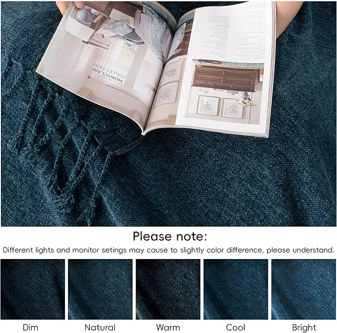 BATTILO HOME Navy Blue Chenille Throw Blanket for Couch, Bed, Sofa - Soft Cozy Chenille Knitted Throw Blanket with Handmade Fringe Tassels, Lightweight Knit Throw for Home Decor, 50"x60"