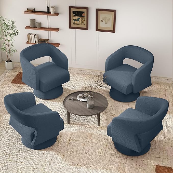 Swivel Accent Chair Set of 4, Modern Comfy Teddy Barrel Chairs, Oversized Upholstered Round Arm Chair for Living Room, Bedroom, Reading Room, Blue