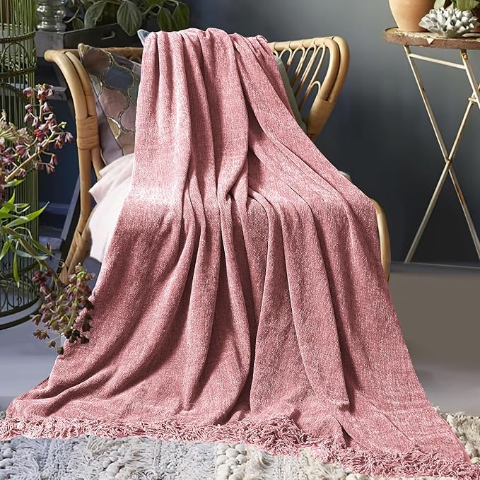 Chenille Throw Blanket for Couch 50"X 60", Soft Cozy Throws with Fringe Tassel for Bed Sofa Chair Cover, Lightweight Knitted Decorative Boho Blankets for Living Room, Mauve