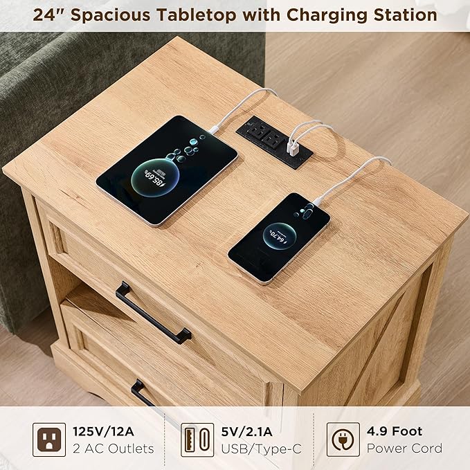 ACCOHOHO 24" Farmhouse Nightstand with Charging Station, 2 Drawers Large Bedside Table with Open Shelf, Rustic End Table for Bedroom - Natural Oak