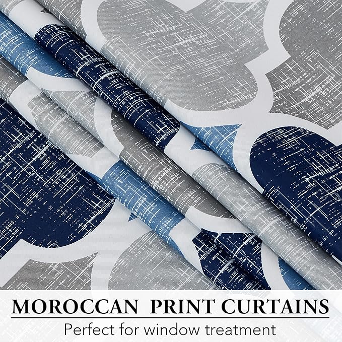 Beauoop 100% Blackout Curtains 72 Inches Long 2 Panels for Bedroom Living Room Blue Grey Moroccan Geo Room Darkening Thermal Insulated Soundproof Grommet Top Window Treatments Drapes, 50x72 Set of 2