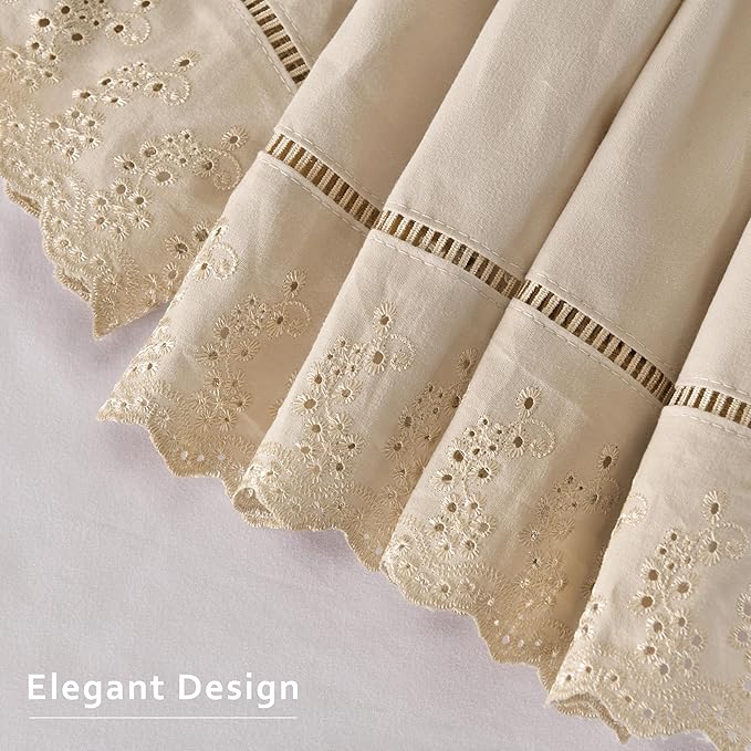 MIYE Wrap Around Ruffled Lace Bed Skirt, Elastic Dust Ruffle with Adjustable Belts, Easy to Put On, Bed Frame Cover, Machine Washable (Embroidered/Beige, Full/Twin-12.5" Drop)