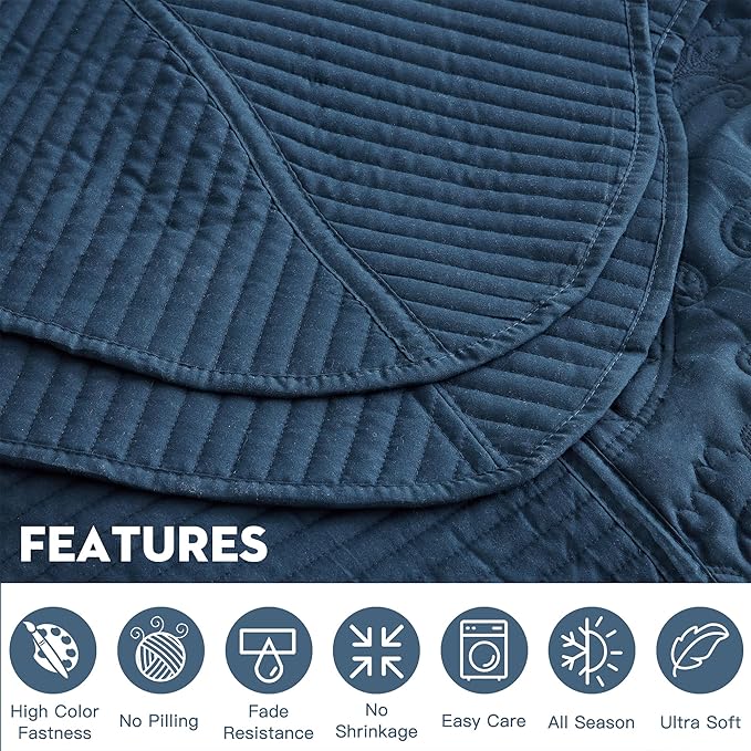 CHIXIN Bedspread Coverlet Quilt Set Full Size - Lightweight Bedding Cover - Beautiful Stitching - 5 Piece Reversible Bedspread - Gorgeous Damask Paisley Pattern (Full, Navy)