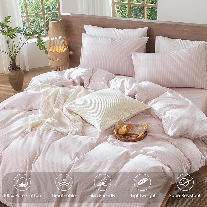 MooMee Striped Duvet Cover Set 100% Washed Cotton Linen Like Textured Breathable Durable Soft Comfy (Heathered Greyish Pink White Wide Stripes, Cal King 104"x98")