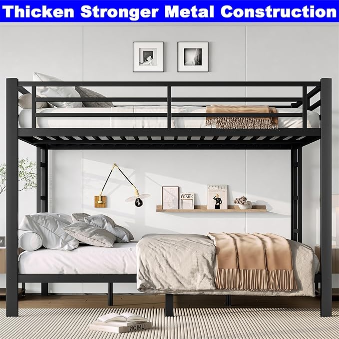 Upgraded Version Thicken Metal Queen Over Queen Bunk Bed, Heavy-Duty Steel Bunk Bed, Best Modern Bunkbed for Adults, Easy Assemble