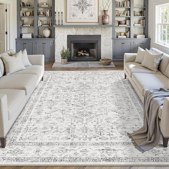 Grey 8x10 Area Rug Vintage Washable Living Room Carpet Non Slip Bedroom Indoor Office Low Pile Large Traditional Distressed Retro Accent Rug for Dining Room Bathroom Kitchen