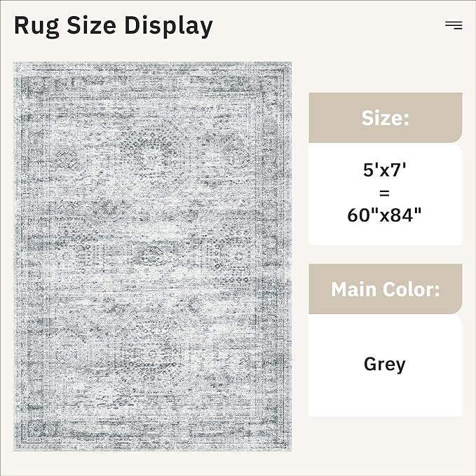 5x7 Area Rugs Gray Low Pile Indoor Washable Trendy Faded Style Rugs for Bedroom Living Room Dining Room Foldable Non-Slip Thin Grey Print Mat
