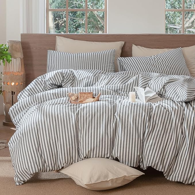 MooMee Striped Duvet Cover Set 100% Washed Cotton Linen Like Textured Breathable Durable Soft Comfy (Dark Grey White Classic Stripes, Super King 108"x98")