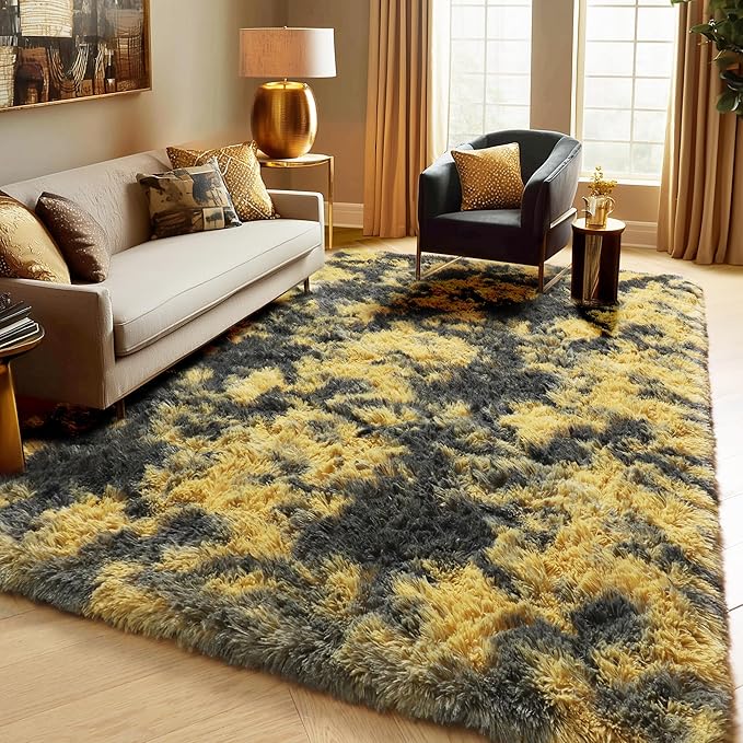 PAGISOFE Black and Yellow Fluffy Shag Area Rugs for Bedroom 5x7, Soft Fuzzy Shaggy Washable Rugs for Living Room, Plush Rug for Kids Room Furry Boys Carpet for Teen Dorm Black Room Decor Dark Yellow