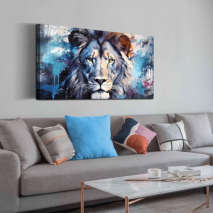 ENTANUB Lion Wall Art for Living Room, Animal Canvas Print Painting for Bedroom, Blue Picture Decor, Size 40x20 Inches