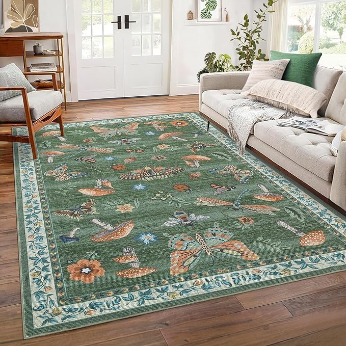Mushroom Washable Area Rug 6x9 Rugs for Living Room Soft Low-Pile Stain Resistant Thin Carpet for Bedroom Dining Nursery Non Slip Mat with Rubber Green