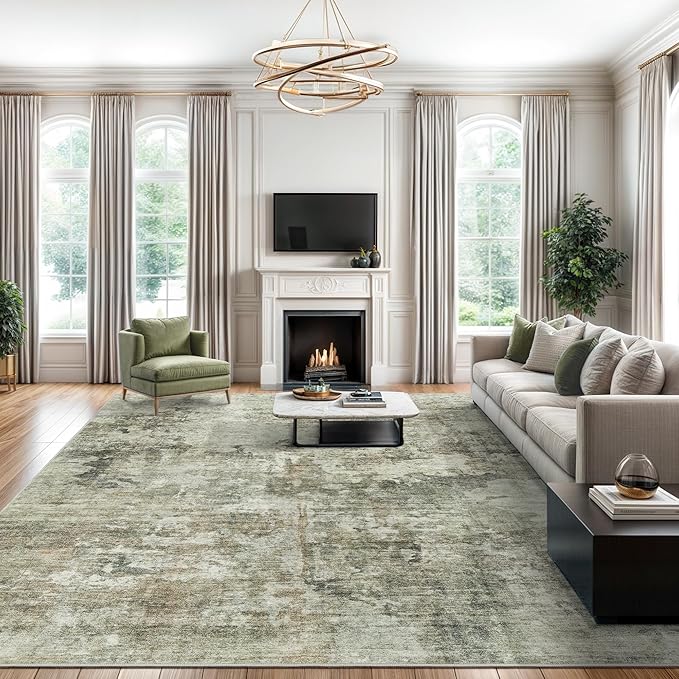 Abstract Rug 5x7 Machine Washable Area Indoor Green Black Low Pile Non-Slip Foldable Thin Accent Rugs for Bedroom Living Room Dining Room