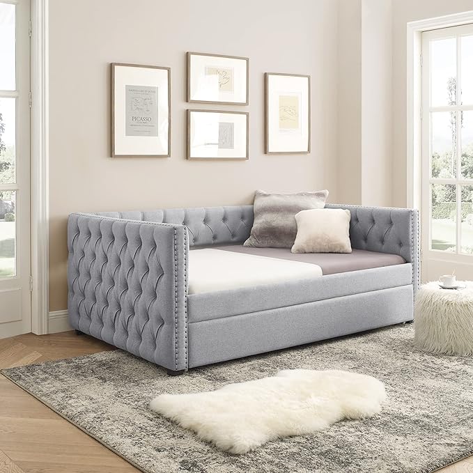 Daybed with Trundle, Modern Upholstered Full Size Day Bed Button-Tufted Sofa Daybed Frame with A Roll-Out Trundle, No Box Spring Needed, Furniture for Bedroom Living Room Guest Room (Light Grey, Full)