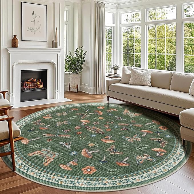 Mushroom Insect 7ft Round Rug Washable Non-Slip Soft Ultra-Thin Large Boho Circle Carpet for Entryway Kitchen Bedroom Nursery Dining Room Green