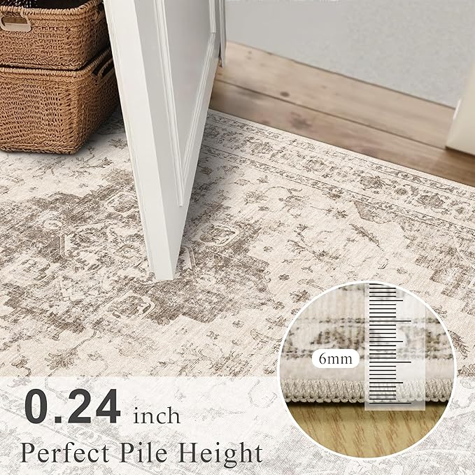 8x10 Vintage Washable Area Rugs Boho Medallion Large Distressed Retro Accent Carpet Floral Non-Slip Soft Low Pile Indoor Throw Rug for Living Room Bedroom Dining Room Office Kitchen, Taupe