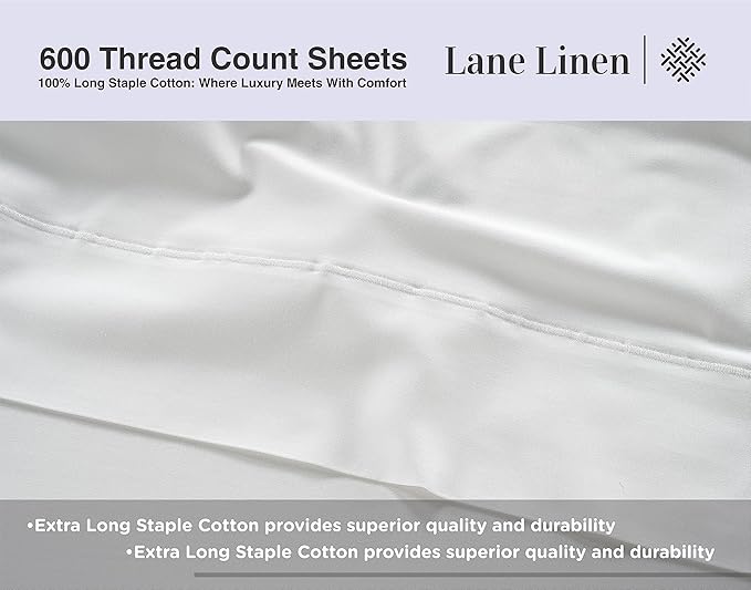 LANE LINEN 600 Thread Count 100% Cotton Cal King Sheet Set, Soft & Confy Hotel Style Thick White Cal King, Mercerized Cotton for Silky Finish, Fully Elasticized Fitted Sheet Luxury - White