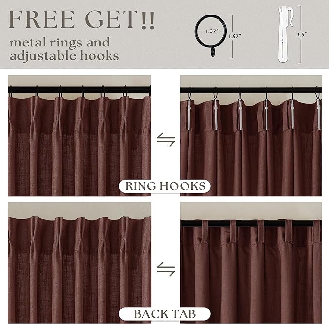 Maroon Pinch Pleated Linen Curtains 108 Inches Long for Living Room 2 Panels Set Flax Double Pleated Drapes Back Tab Farmhouse Ceiling Floor 108 Inch Window Curtains Bedroom Chestnut Reddish Brown