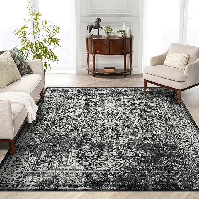 vivorug 4x6 Area Rugs, Stain Resistant Washable Rug for Living Room, Vintage-Inspired Black and White Rug