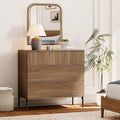 WAMPAT 31.5" W Fluted Dresser for Bedroom, Modern 3 Drawer Dresser TV Stand with Hidden Handles, Wooden Chest of Drawers Closet Clothes Storage Organizer for Bedroom, Living Room, Light Walnut