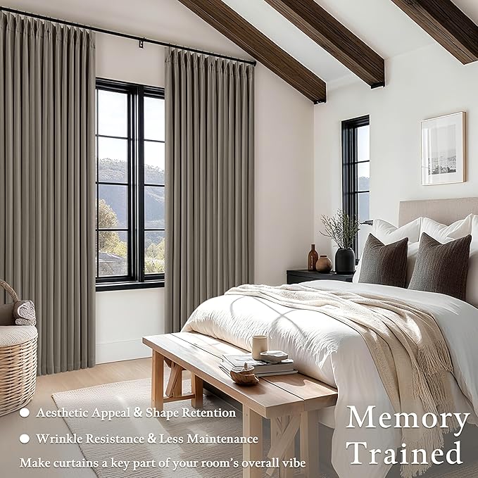 Taupe Gray Linen Blackout Pleated Curtains 90 Inches Long for Living Room Darkening Pinch Pleat 100% Black Out Drapes Thermal Insulated Soundproof Greyish Brown 90 Inch Curtain for Dining Bedroom