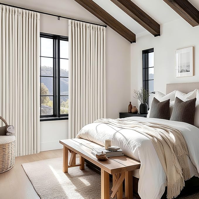Cream White Linen Blackout Pleated Curtains 108 Inches Long 2 Panels Set Pinch Pleate 100% Black Out Double Layer Natural Burlap Thermal Insulated Drapes for Bedroom Living Windows 108 Inch Length