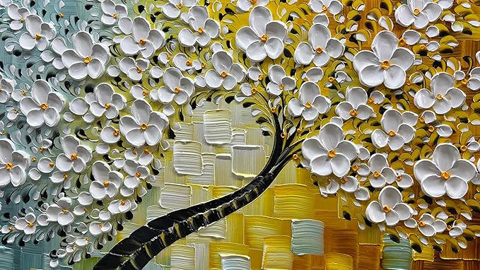 YaSheng Art -100% HandPainted Oil Painting On Canvas Texture White 3D Flower Tree Paintings Abstract Canvas Wall Art Home Bedroom Dining Room Living Room Modern Wall Decor Art Ready to hang 24x48inch