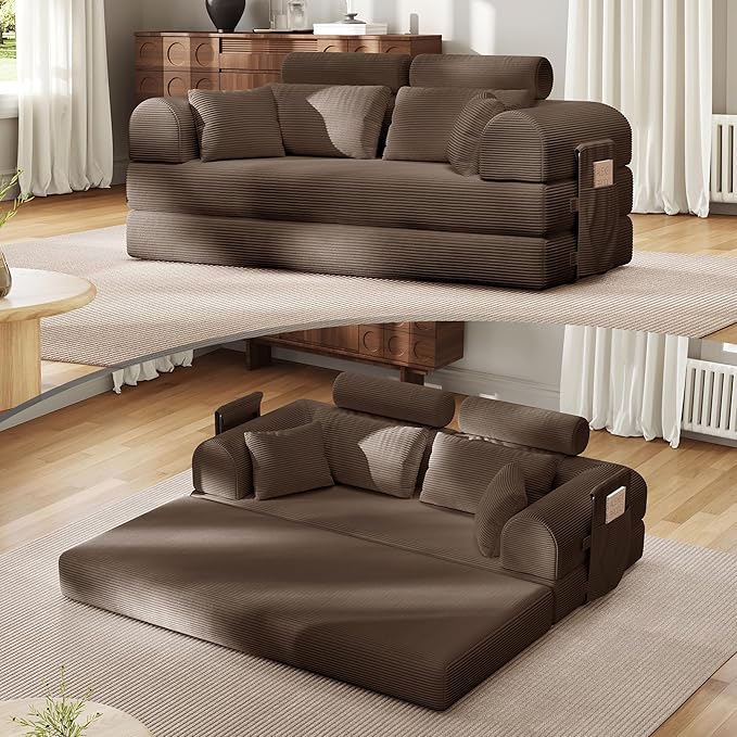 Upgrade High Backrest Design Sofa Bed with Fixed-Shape Frame & Removable Armrests and Backrest, Corduroy Fabric, Convertible Mattress Couch for Small Spaces - No Assembly Needed (High Backrest Brown)
