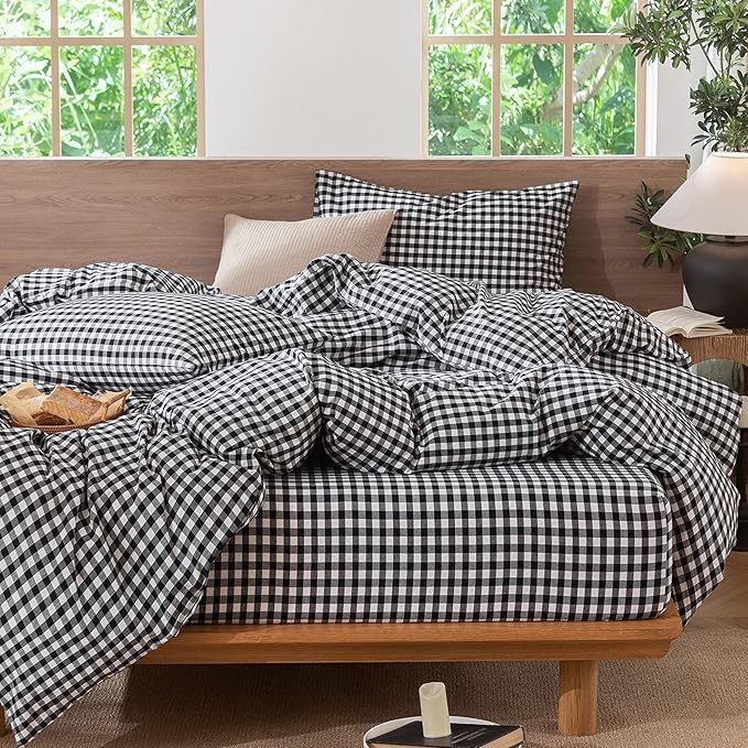MooMee Gingham Duvet Cover Set 100% Washed Cotton Linen Like Textured Breathable Durable Soft Comfy Modern Checkered Design (Black White Gingham, Queen 90"x90")