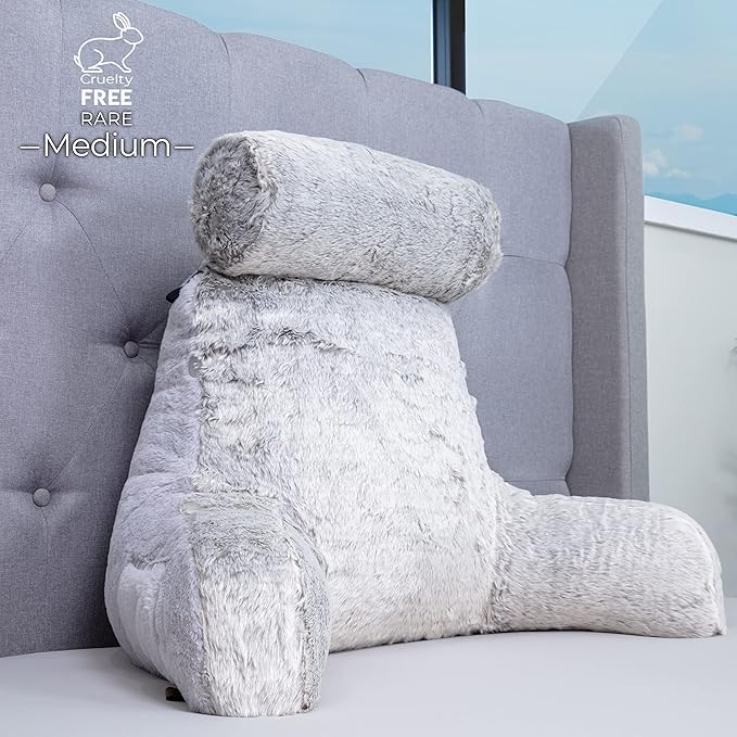 Husband Pillow Medium Rare Baby Arctic Grey Wolf Backrest, 2-Tone Reversible Double Sided Fabulous Faux Fur Reading & Bed Rest Pillow with Arms & Neck Roll, Adjustable Memory Foam - Extremely Comfy