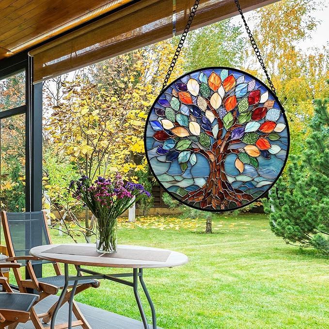 Stained Glass Window Hanging, Colorful Tree of Life Sun Catchers Glass Panel Blue Suncatcher Decor for Birthday for Women, Men, Wife, Aunt, and Mom 14.9x14.9 in