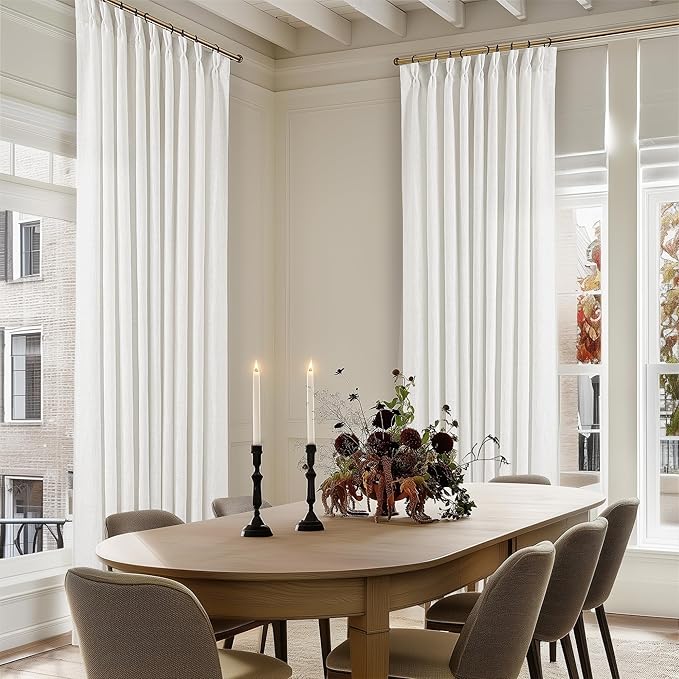 Beige White Pinch Pleated Linen Curtains 96 Inches Long 60 Inch Width Linen Blend Light Filtering Window Curtains 96 Inch for Living Room Bedroom Patio Pinch Pleat Drapes Hooks Rings 1 Panel 60Wx96L