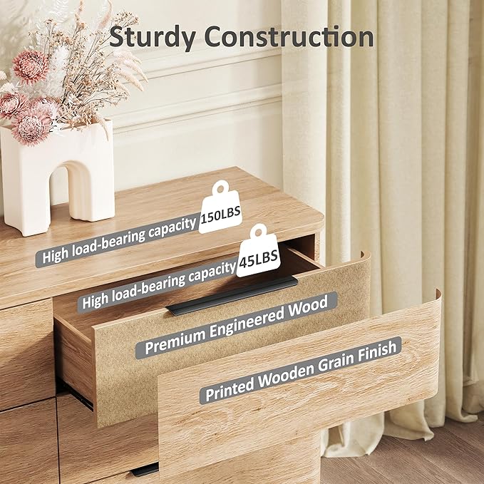 6 Drawer Dresser for Bedroom, 54" Wide Modern Chest of Drawers with Metal Handle, Curved Profile Design, Wooden Oak Dresser Closet Clothes Storage TV Stand for Living Room, Hallway