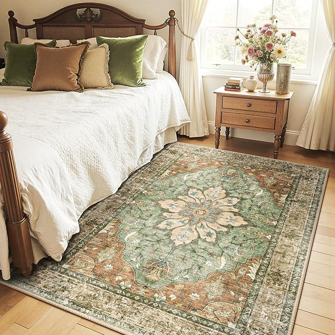 Area Rugs 4'x6' Washable Non-Slip, Floral Vintage Distress Print Pattern Medallion Carpet for Living Room Bedroom Dining Room, Brick Red Rust Neutral Brown Burnt Orange Green