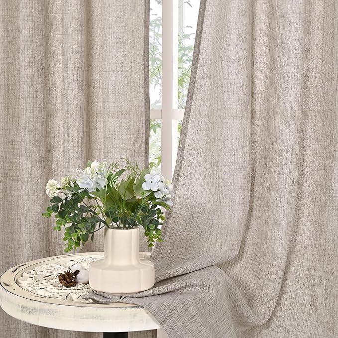 YoungsTex Natural Linen Curtains 45 Inch Length for Short Window Linen Textured Curtains with Bronze Grommet Light Filtering Drapes for Kitchen Small Window, 2 Panels, 52 X 45 Inch