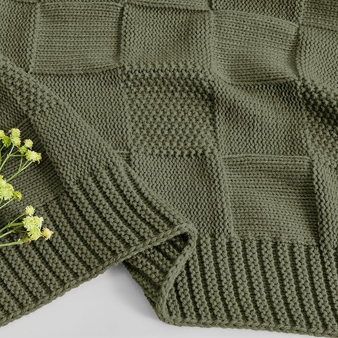 CozeCube Check Knit Throw Blanket, Olive Green Checkered Throw for Couch, Decorative Christmas Soft Cozy Warm Knitted Blanket for Bed Sofa Living Room, 50"X60"