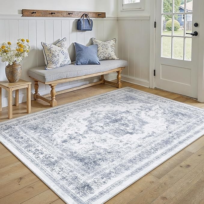 Washable Rug 6x9 Area Rug for Living Room Blue Vintage Boho Medallion Large Distressed Retro Carpet Non Slip Indoor Low Pile Small Soft Bedroom Dining Room Home Office