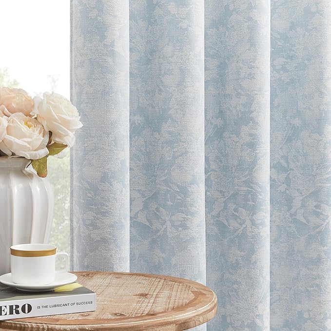 Beauoop Blue Floral Jacquard Blackout Curtains 90 Inches Long 2 Panels for Bedroom Living Room Chenille Flower Room Darkening Thermal Insulated Soundproof Grommet Window Treatments Drapes, 52x90