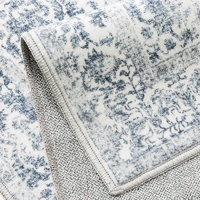 Navy Blue Area Rug 6x9 Machine Washable Vintage Living Room Distressed Non Slip Carpet Traditional Indoor Bedroom Retro Floral Accent Throw Large Rug for Office Kitchen Dining Room