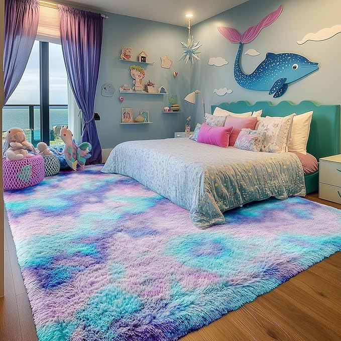 PAGISOFE Soft Purple Rainbow Rugs for Living Room, Fluffy 5x7 Area Rug, PlushCute Kawaii Rug for Bedroom Kids Room Baby Nursery, Girls Room Decor Mermaid Rugs Fuzzy Fur Pastel Carpet, Cozy Cloud Rug
