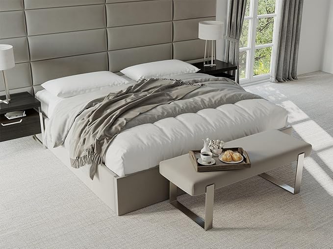 VANT Upholstered Bed Bench - Boucle Grey - Matte Black - Contemporary Modern, Bedroom Bench Seat, Hallway, or Entryway