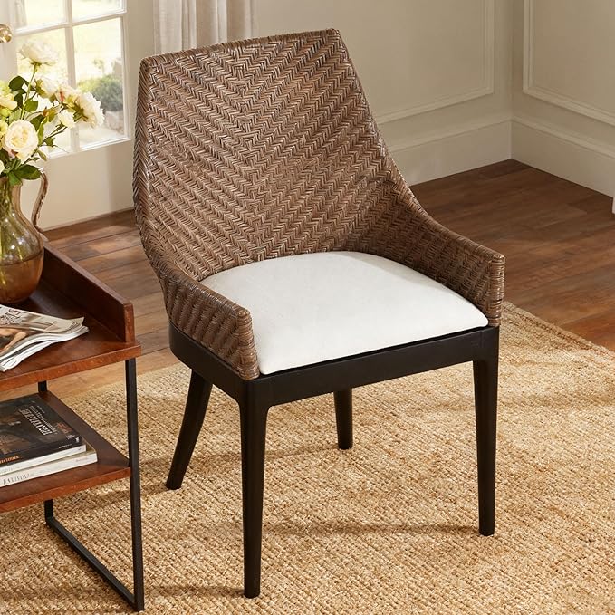 DUHOME Natural Rattan Accent Chair, Tropical Coastal Herringbone Weave Solid Wood Frame Armchair with Cream Upholstered Cushion & Black Tapered Legs, Ergonomic Comfort for Living Room Reading Nook