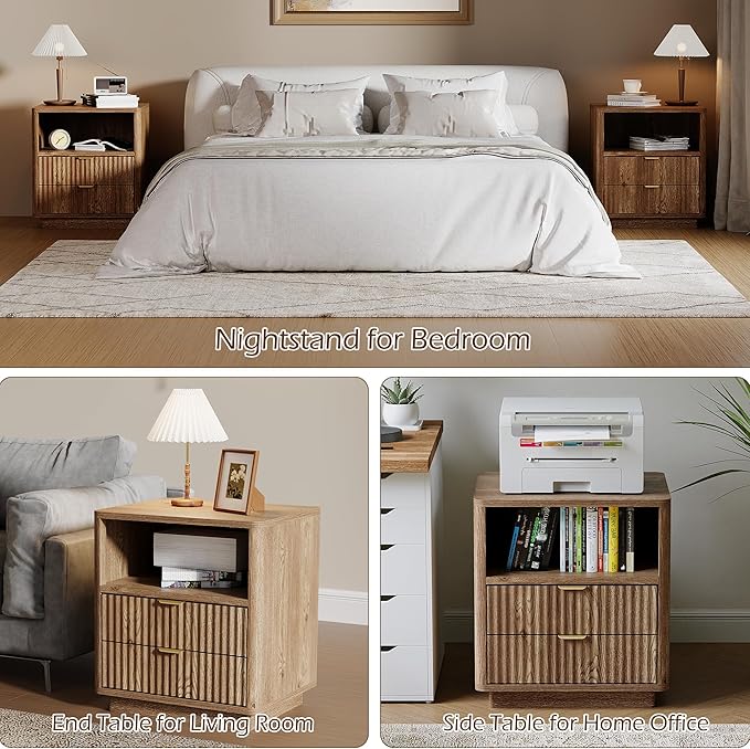 Fluted Nightstands Set of 2 - Walnut Nightstand with 2 Drawers & Open Shelves, 22" Wide Large Bedside Stand Modern Storage Wooden Side Tables for Bedroom (Natural Oak)