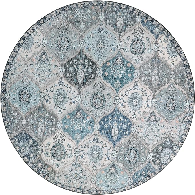 Lahome Moroccan Trellis Washable Round Area Rug, Soft Round Rugs 6ft Ultra-Thin Non-Slip, Vintage Large Circle Carpet for Bedroom Living Room Kitchen Nursery, Blue
